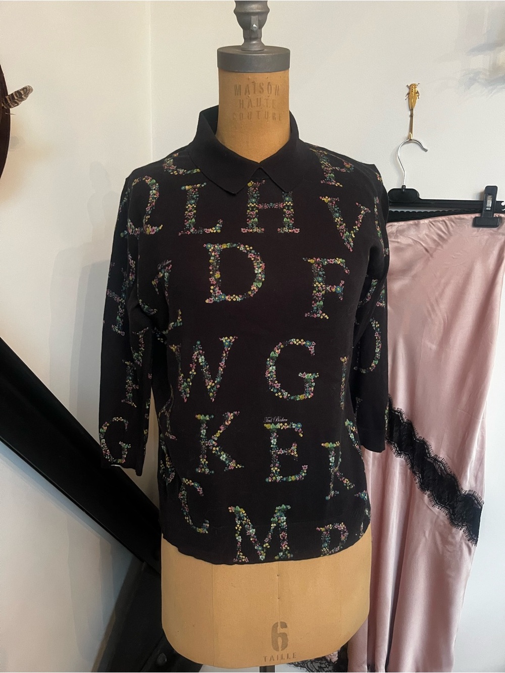 Ted Baker London Black Floral Alphabet Polo Knit Top